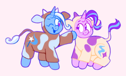Size: 500x300 | Tagged: safe, artist:anonymous, imported from derpibooru, starlight glimmer, trixie, pony, unicorn, animal costume, cheek squish, clothes, costume, cow costume, female, lesbian, one eye closed, shipping, squishy cheeks, startrix