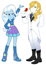 Size: 911x1274 | Tagged: safe, artist:limedazzle, edit, imported from derpibooru, prince blueblood, trixie, equestria girls, equestria girls series, absurd resolution, bluetrix, clothes, cutie mark, cutie mark on clothes, equestria girls-ified, female, flower, hair over one eye, handsome, inkscape, male, pants, rose, shipping, shoes, show accurate, simple background, skirt, smiling, straight, transparent background, vector