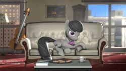 Size: 1280x720 | Tagged: safe, artist:xvclumsybusponevx, imported from derpibooru, octavia melody, pony, 3d, cello, coffee mug, cookie, couch, food, lying down, mug, musical instrument, prone, solo