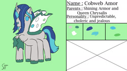 Size: 1280x720 | Tagged: safe, artist:schumette14, imported from derpibooru, oc, oc:cobweb armor, changeling, changepony, hybrid, spider, unicorn, first design, interspecies offspring, offspring, parent:queen chrysalis, parent:shining armor, parents:shining chrysalis, reference sheet, thanks i hate it