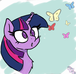 Size: 1440x1404 | Tagged: safe, artist:endo, imported from derpibooru, twilight sparkle, butterfly, pony, unicorn, bust, sketch, solo, twiggie