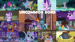 Size: 1978x1113 | Tagged: safe, edit, edited screencap, editor:quoterific, imported from derpibooru, screencap, maud pie, starlight glimmer, sunburst, trixie, twilight sparkle, alicorn, earth pony, pony, unicorn, uncommon bond, book, chained, chains, dinosaur costume, eyes closed, female, filly, filly starlight glimmer, filly sunburst, gritted teeth, group hug, hug, laughing, lock, open mouth, starlight is not amused, twilight sparkle (alicorn), unamused, younger