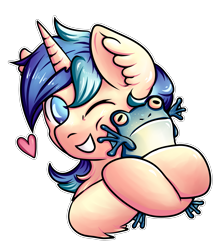 Size: 2009x2240 | Tagged: safe, artist:coco-drillo, imported from derpibooru, oc, oc only, oc:dex, frog, pony, unicorn, bust, chest fluff, cuddling, ear fluff, happy, heart, hooves, hug, one eye closed, pet, petting, simple background, smiling, solo, transparent background, wink