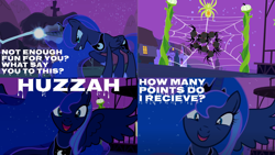 Size: 2000x1125 | Tagged: safe, edit, edited screencap, editor:quoterific, imported from derpibooru, screencap, princess luna, alicorn, pony, spider, luna eclipsed, angry, glowing horn, gritted teeth, horn, huzzah, laser, magic, magic aura, open mouth