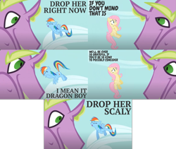 Size: 1165x983 | Tagged: safe, edit, edited screencap, editor:quoterific, imported from derpibooru, screencap, fluttershy, rainbow dash, spike, dragon, pegasus, pony, secret of my excess, begging, eyes closed, female, flying, male, open mouth