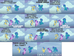 Size: 1734x1301 | Tagged: safe, edit, edited screencap, editor:quoterific, imported from derpibooru, screencap, clear skies, open skies, rainbow dash, sunshower, pegasus, pony, tanks for the memories, flying, open mouth