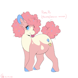 Size: 2000x2000 | Tagged: safe, artist:heavenlygalaxies, imported from derpibooru, pinkie pie, earth pony, pony, alternate design, coat markings, colored hooves, confetti, ear fluff, female, mare, redesign, simple background, solo, tongue out, white background