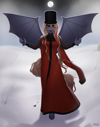 Size: 1009x1280 | Tagged: safe, artist:pewas, imported from derpibooru, oc, anthro, bat pony, vampire, vampony, anthro oc, blood, clothes, commission, dress, female, mare, snow