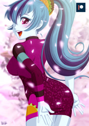 Size: 848x1200 | Tagged: safe, artist:uotapo, imported from derpibooru, sonata dusk, equestria girls, blushing, breasts, butt, cherry blossoms, clothes, cute, dress, female, flower, flower blossom, food, open mouth, patreon, patreon logo, solo, sonatabetes, taco, taco dress