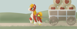 Size: 3150x1200 | Tagged: safe, artist:sixes&sevens, imported from derpibooru, big macintosh, earth pony, alternate design, barrel, cart, dust, earbuds, male, outdoors, pulling, solo, solo male