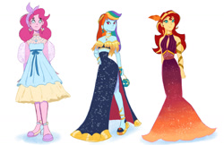 Size: 1280x829 | Tagged: safe, artist:pettypop, imported from derpibooru, pinkie pie, rainbow dash, sunset shimmer, equestria girls, clothes, dress, elegant, simple background, white background