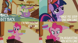 Size: 2000x1125 | Tagged: safe, edit, edited screencap, editor:quoterific, imported from derpibooru, screencap, pinkie pie, spike, twilight sparkle, dragon, earth pony, pony, unicorn, secret of my excess, angry, cake, food, open mouth, unicorn twilight