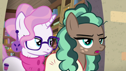 Size: 1920x1080 | Tagged: safe, imported from derpibooru, screencap, minty mocha, raspberry latte, earth pony, pony, unicorn, the parent map, clothes, duo, female, glasses, mare, scarf