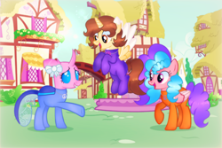 Size: 3196x2140 | Tagged: safe, artist:doraeartdreams-aspy, imported from derpibooru, oc, oc:aspen, oc:bella pinksavage, oc:heartsy, alicorn, changeling, pegasus, alicorn oc, bodysuit, catsuit, clothes, female, flower, happy, hippie, horn, jewelry, latex, latex suit, necklace, peace suit, peace symbol, ponyville, rubber suit, siblings, sisters, smiling, wings