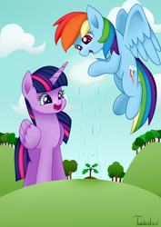 Size: 2480x3507 | Tagged: safe, artist:twidasher, imported from derpibooru, rainbow dash, twilight sparkle, alicorn, pegasus, pony, cloud, female, happy, lesbian, rain, sapling, scenery, shipping, signature, smiling, tree, twidash, twilight sparkle (alicorn)