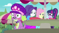 Size: 1136x640 | Tagged: safe, imported from derpibooru, screencap, fluttershy, rarity, sci-twi, spike, spike the regular dog, twilight sparkle, dog, equestria girls, equestria girls series, lost and pound, spoiler:eqg series (season 2), animated, blushing, laughing, lost and pound: spike, spike's festival hat