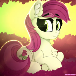 Size: 1920x1920 | Tagged: safe, artist:alexbefest, imported from derpibooru, roseluck, earth pony, pony, flower, forest, green background, green eyes, pink, rose, simple background, solo