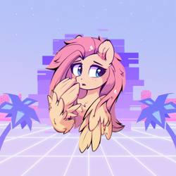 Size: 2000x2000 | Tagged: safe, artist:aureai, imported from derpibooru, fluttershy, pegasus, pony, abstract background, blushing, bust, chest fluff, chromatic aberration, covering mouth, cute, ear fluff, female, grid, looking away, looking back, looking sideways, mare, open mouth, palm tree, portrait, shyabetes, solo, synthwave, three quarter view, tree, vaporwave, wing fluff, wings