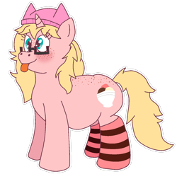 Size: 1200x1183 | Tagged: safe, artist:icecreamjaxxie, imported from derpibooru, oc, oc only, oc:mille feuille, pony, unicorn, :p, back freckles, butt freckles, chubby, clothes, food, freckles, glasses, hat, ice cream, simple background, socks, solo, striped socks, tongue out, transparent background