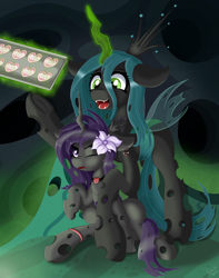 Size: 2000x2544 | Tagged: safe, artist:sethisto, imported from derpibooru, queen chrysalis, oc, changeling hive, cookie, food, scrunchy face