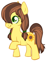 Size: 370x481 | Tagged: safe, artist:ashij, imported from derpibooru, oc, oc:sunflower, earth pony, pony, cute, cutie mark, female, filly, flower, heidibetes, pigtails, raised hoof, simple background, smiling, sunflower, white background