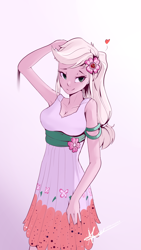 Size: 1080x1920 | Tagged: safe, artist:naafreelanceartist, imported from derpibooru, applejack, equestria girls, equestria girls series, spring breakdown, spoiler:eqg series (season 2), adorasexy, breasts, cleavage, clothes, cute, cutie mark, cutie mark on clothes, dress, female, freckles, hairpin, heart, leaning on wall, sexy, simple background, solo, white background