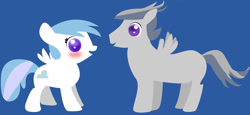 Size: 1677x769 | Tagged: safe, artist:wlyteth, imported from derpibooru, cotton cloudy, rumble, pegasus, pony, blue background, blushing, cloud, colt, crush, cutie mark, female, filly, male, no iris, open mouth, rumblecloudy, shipping, simple background, smiling, straight