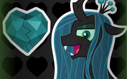 Size: 1600x1000 | Tagged: safe, artist:amgiwolf, imported from derpibooru, queen chrysalis, changeling, changeling queen, bust, crystal heart, fangs, female, heart, laughing, open mouth, solo