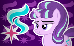 Size: 1600x1000 | Tagged: safe, artist:amgiwolf, imported from derpibooru, starlight glimmer, pony, unicorn, bedroom eyes, bust, cutie mark background, eyelashes, female, mare, s5 starlight, smiling, solo