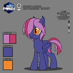 Size: 800x800 | Tagged: safe, artist:rangelost, imported from derpibooru, oc, oc only, oc:moonflower, bat pony, pony, cyoa:d20 pony, bat pony oc, bat wings, gray background, hair over one eye, pixel art, reference sheet, simple background, smiling, solo, wings