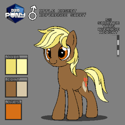 Size: 800x800 | Tagged: safe, artist:rangelost, imported from derpibooru, oc, oc only, oc:apple basket, earth pony, pony, cyoa:d20 pony, cyoa, earth pony oc, freckles, gray background, pixel art, reference sheet, simple background, smiling, solo