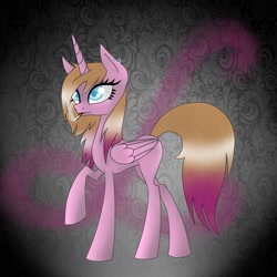 Size: 1024x1024 | Tagged: safe, artist:emalajiss36, imported from derpibooru, oc, oc only, alicorn, pony, abstract background, alicorn oc, cigarette, ear piercing, earring, eyelashes, female, horn, jewelry, mare, piercing, raised hoof, smoking, solo, wings