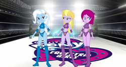 Size: 3330x1785 | Tagged: safe, artist:m-brony96, imported from derpibooru, fuchsia blush, lavender lace, trixie, equestria girls, sports, trixie and the illusions, wrestling