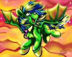 Size: 702x551 | Tagged: safe, artist:bittersweetworms, artist:torpy-ponius, artist:witchtaunter, imported from derpibooru, oc, oc:torpy, bat pony, pony, flying, sunset, wings