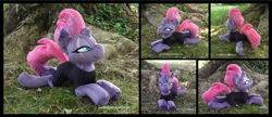 Size: 4057x1754 | Tagged: safe, artist:peruserofpieces, imported from derpibooru, tempest shadow, unicorn, beanie (plushie), broken horn, clothes, female, grease (musical), horn, irl, looking at you, lying down, mare, olivia newton-john, photo, plushie, prone, scar, smiling, smiling at you, solo, spandex, sploot, tree