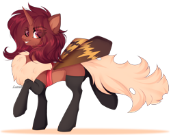 Size: 4024x3169 | Tagged: safe, artist:lazuli, imported from derpibooru, oc, oc only, oc:flechette, changeling, insect, moth, mothling, original species, clothes, red changeling, simple background, smiling, socks, species swap, transparent background