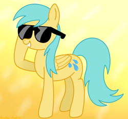 Size: 3246x3016 | Tagged: safe, artist:rainbowšpekgs, sunshower raindrops, pegasus, pony, background pony, cool, female, gradient background, mare, pose, solo, standing, sunglasses, wings