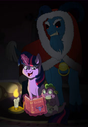 Size: 6951x10000 | Tagged: safe, artist:faitheverlasting, imported from derpibooru, grogar, spike, twilight sparkle, dragon, pony, sheep, unicorn, absurd resolution, antagonist, baby, baby spike, beard, black sclera, book, candle, christmas, cloak, clothes, cloven hooves, collar, diaper, evil, eyebrows, facial hair, fangs, female, filly, filly twilight sparkle, glowing eyes, hearth's warming, holiday, horns, krampus, magic, magic aura, male, open mouth, ram, red eyes, scared, smiling, that pony sure does love books, unicorn twilight, younger