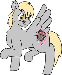 Size: 2387x2892 | Tagged: safe, artist:applejackofalltrades, imported from derpibooru, derpy hooves, pegasus, pony, cross-eyed, food, magic, magic aura, muffin, solo, tongue out, wings