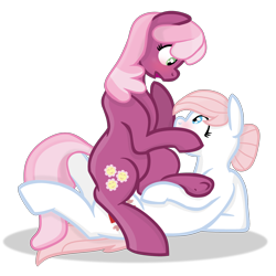 Size: 3000x3000 | Tagged: safe, artist:grapefruitface1, imported from derpibooru, cheerilee, nurse redheart, base used, blushing, female, hoof on face, lesbian, looking at each other, shipping, shocked, simple background, sitting on, sitting on pony, transparent background, underhoof