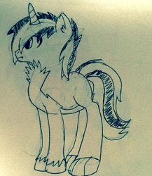 Size: 564x649 | Tagged: safe, artist:juliet-gwolf18, imported from derpibooru, oc, oc only, hybrid, pony, wolf, wolf pony, chest fluff, claws, horn, lineart, male, parents:oc x oc, solo, traditional art