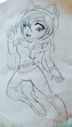 Size: 499x876 | Tagged: safe, artist:juliet-gwolf18, imported from derpibooru, oc, oc only, oc:juliet, human, boots, clothes, fake ears, fake tail, female, humanized, one eye closed, open mouth, peace sign, shoes, smiling, solo, traditional art, wink