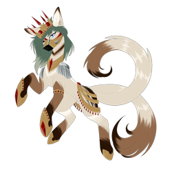 Size: 2680x2636 | Tagged: safe, artist:minelvi, imported from derpibooru, oc, oc only, earth pony, pony, crown, earth pony oc, face mask, hoof shoes, jewelry, mask, multiple tails, rearing, regalia, simple background, solo, transparent background