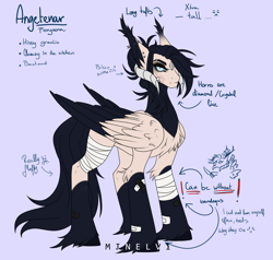 Size: 2553x2427 | Tagged: safe, artist:minelvi, imported from derpibooru, oc, oc only, demon, demon pony, original species, pony, bandage, bandaid, bust, chest fluff, duo, ear fluff, eyelashes, female, hoof fluff, hoof hold, horns, knife, makeup, reference sheet, simple background, smiling, two toned wings, wings