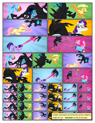 Size: 612x792 | Tagged: safe, edit, edited screencap, imported from derpibooru, screencap, applejack, fluttershy, pinkie pie, rainbow dash, rarity, twilight sparkle, earth pony, pegasus, pony, unicorn, comic:friendship is dragons, a canterlot wedding, blast, bucking, comic, eyelashes, eyes closed, fangs, female, fight, flying, glowing horn, gritted teeth, horn, magic, magic beam, magic blast, mane six, mare, open mouth, party cannon, punch, screencap comic, smiling, smirk, sunburst background, unicorn twilight