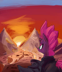 Size: 2083x2403 | Tagged: safe, artist:skunkstripe, imported from derpibooru, tempest shadow, unicorn, broken horn, clothes, fanfic, fanfic art, fanfic cover, horn, scarf, sunrise