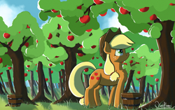 Size: 3440x2160 | Tagged: safe, artist:akuneanekokuro, imported from derpibooru, applejack, earth pony, pony, apple, apple tree, applejack's hat, cowboy hat, female, food, hat, mare, solo, tree