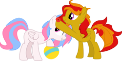 Size: 1024x517 | Tagged: safe, artist:sanybaby, imported from derpibooru, oc, oc:soder, oc:sunrise flair, pegasus, pony, ball, duo, duo female, female, flower, pegasus oc, simple background, smiling, transparent background, vector, wings