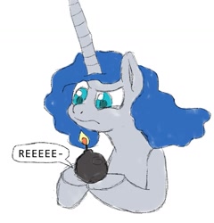 Size: 1227x1276 | Tagged: safe, artist:anonymous, oc, oc only, oc:contard, pony, unicorn, bomb, confused, dialogue, female, horn, long horn, mare, reeee, simple background, solo, vestigial horn, weapon, white background