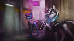 Size: 7680x4320 | Tagged: safe, artist:dashid, imported from derpibooru, oc, bat pony, pony, unicorn, bat pony oc, bat wings, cyberpunk, cyberpunk 2077, detailed background, horn, unicorn oc, wings